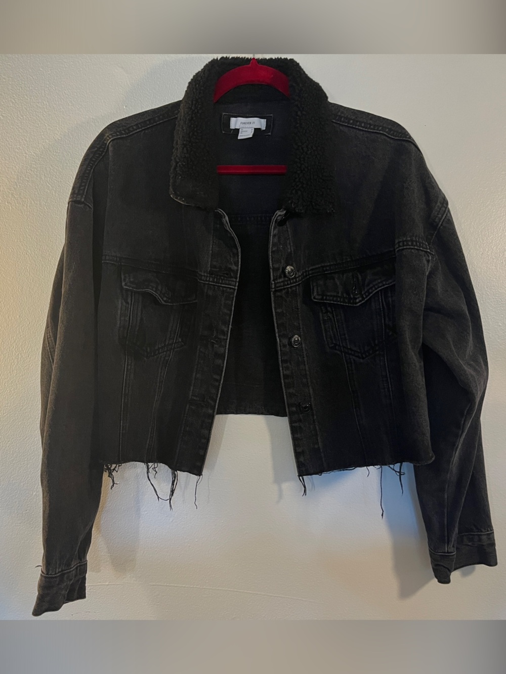 Forever 21 Black Cropped Denim Jacket with Sherpa Collar